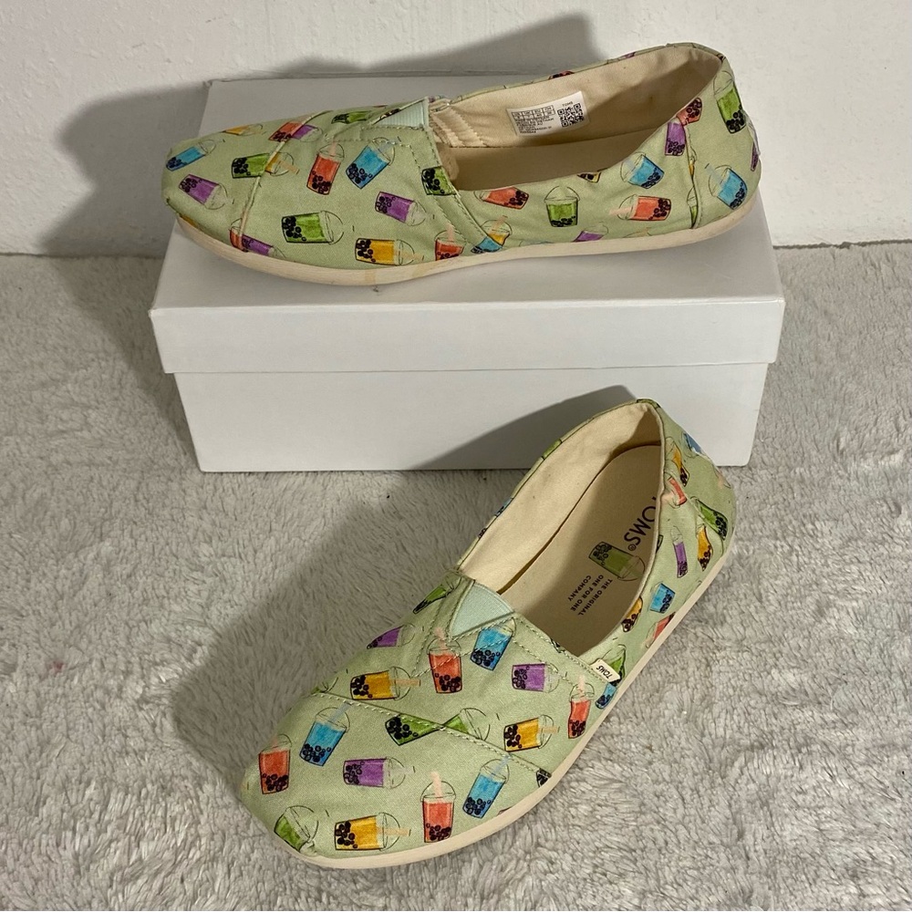 Toms Alpargata Green Matcha Boba Tea Printed Slip On Canvas Shoes Women’s Size 9 - Picture 1 of 10